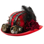 Le Chapeau Melon Steampunk Rouge avec Goggles présente une teinte rouge vif, des lanières de cuir noir, des engrenages, une plume sombre, une rose rouge foncé et des lunettes classiques en laiton - un accessoire steampunk irrésistible.